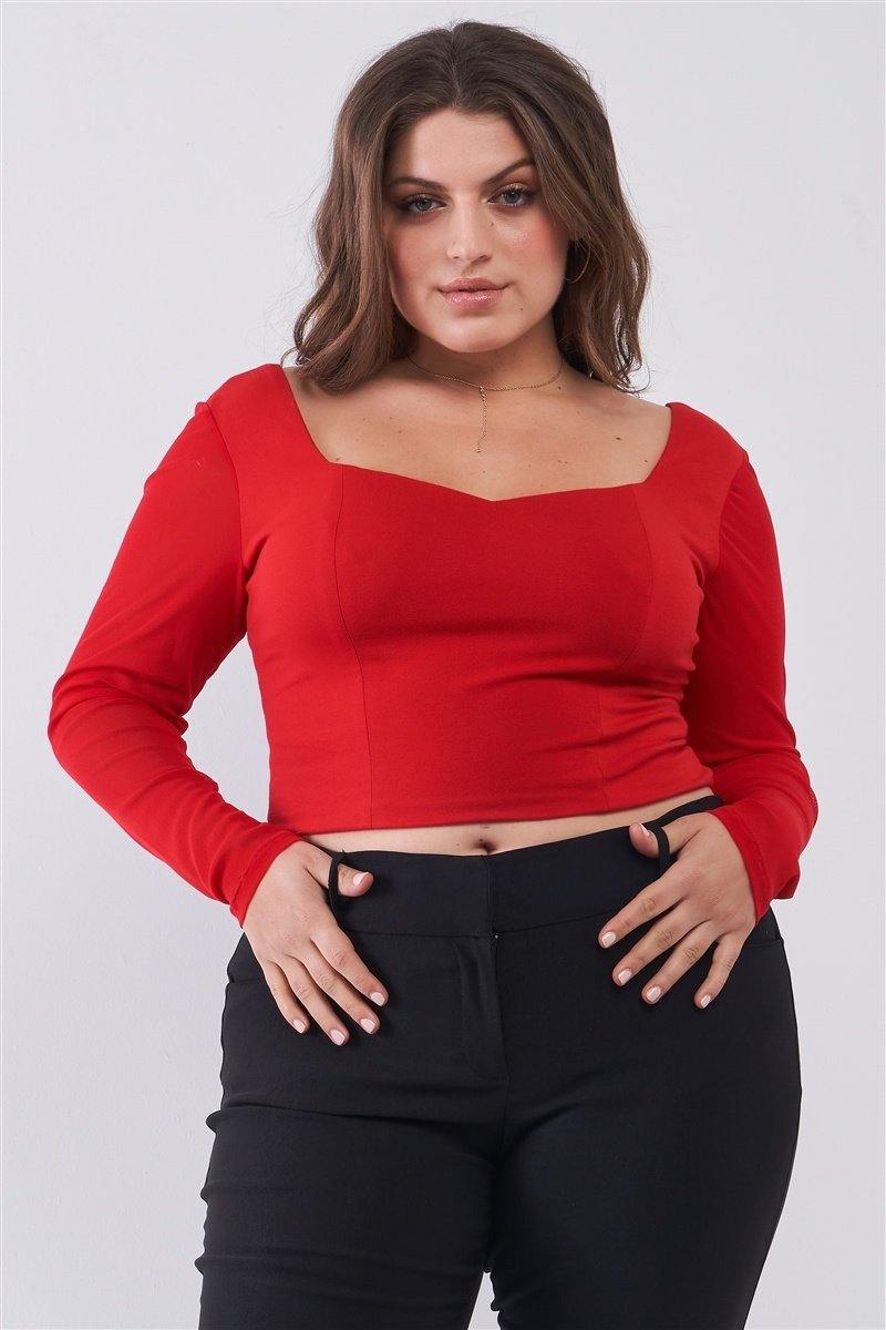 Plus Size Crimson Red Long Mesh Sleeve Sweetheart Neck Detail Structured Crop Top - AM APPAREL