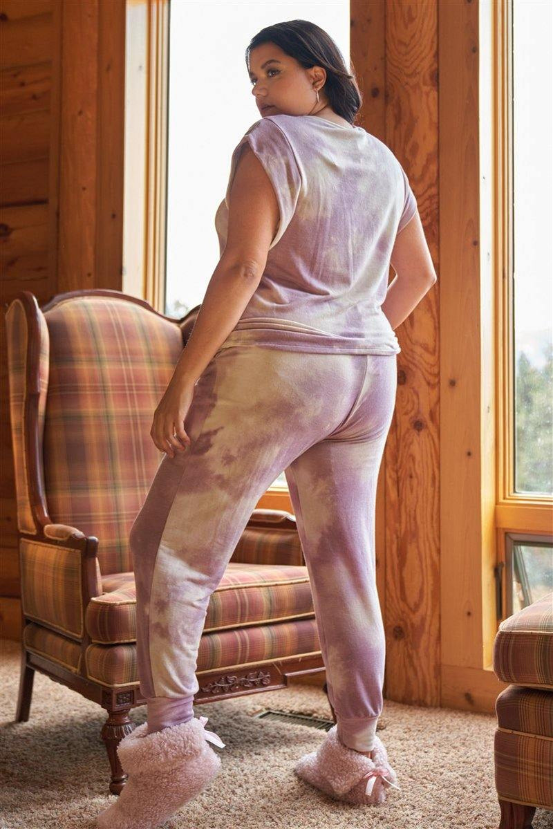 Plus Size Lavender Tie-dye Relaxed Top & Jogger Pants Set - AM APPAREL