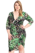 Plus Size Leopard Print With Tropical Leaf Print Bodycon Dress - AM APPAREL