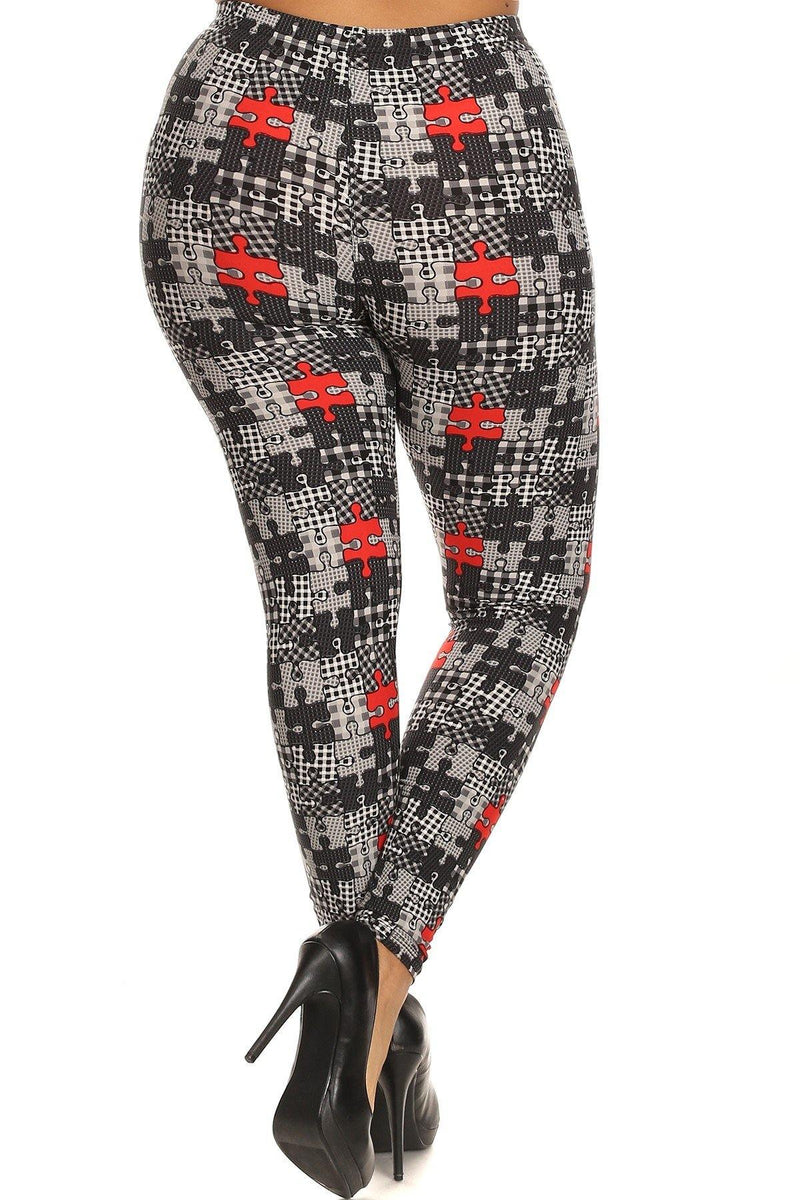 Plus Size Puzzle/plaid Print, Full Length Leggings In A Slim Fitting Style With A Banded High Waist - AM APPAREL