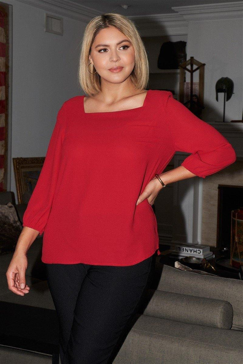 Plus Size Red Square Neck 3/4 Puff Sleeve Loose Fit Top - AM APPAREL