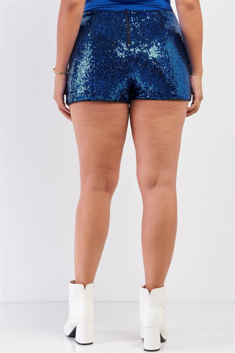 Plus Size Shiny Sequin High Waisted Mini Shorts - AM APPAREL