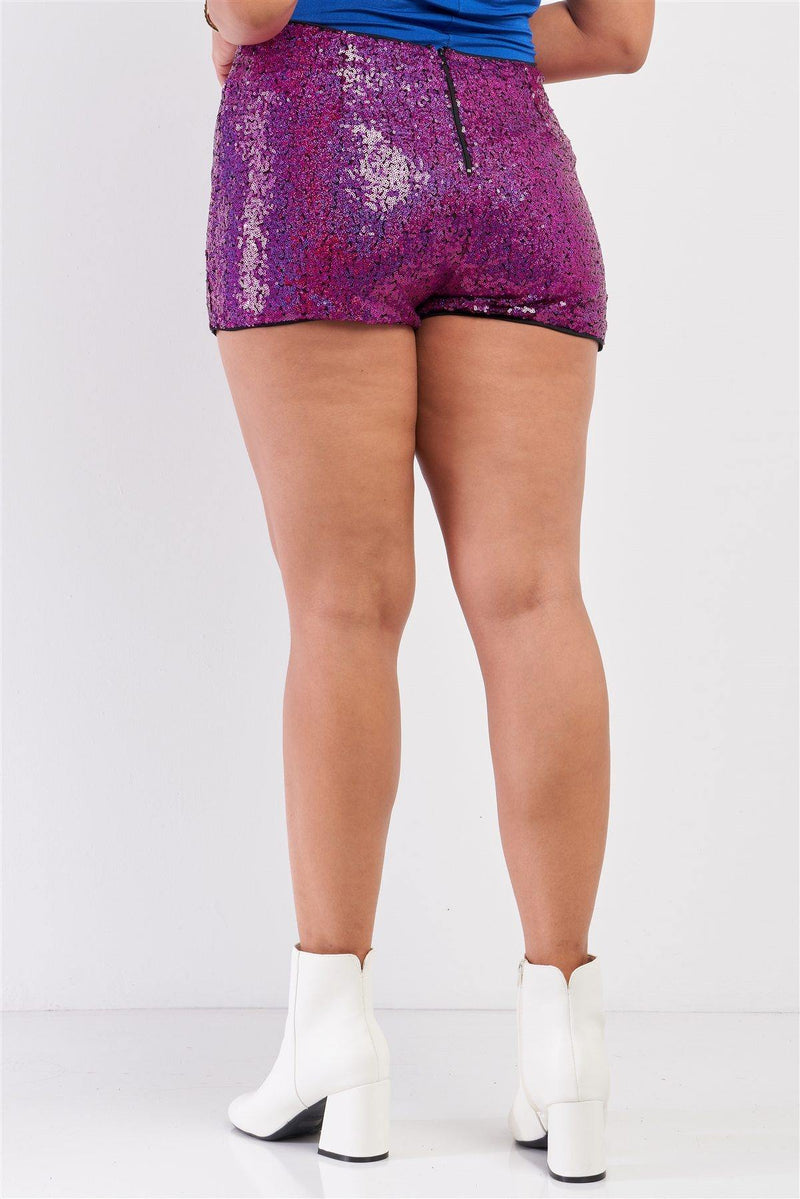 Plus Size Shiny Sequin High Waisted Mini Shorts - AM APPAREL