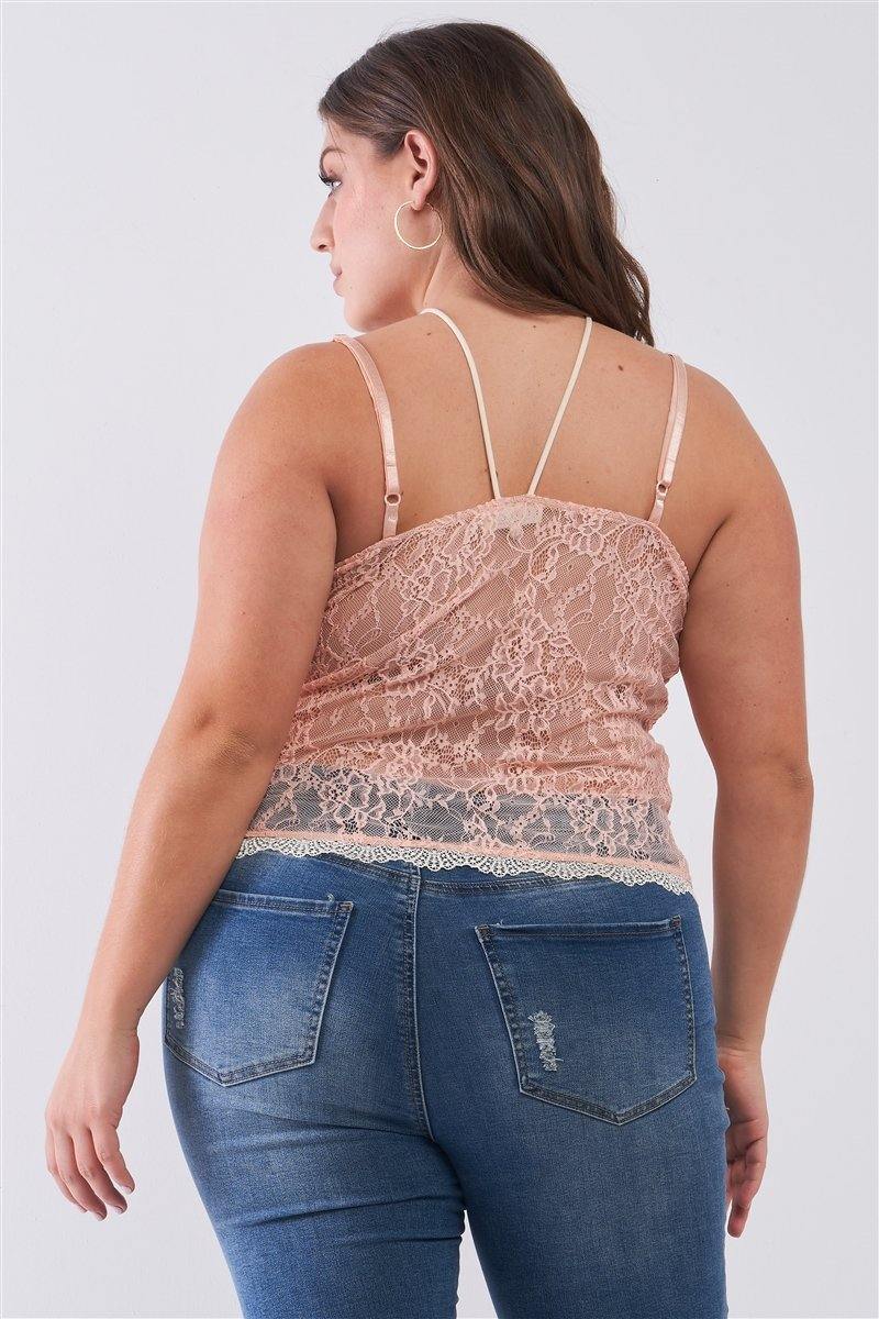 Plus Size Sleeveless Sheer Lace Halter Neck Detail Bustier Top - AM APPAREL