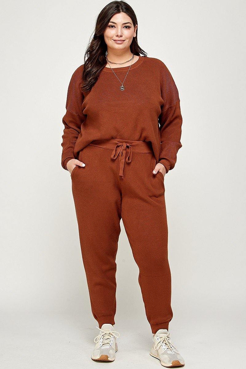 Plus Size Solid Sweater Knit Top And Pant Set - AM APPAREL