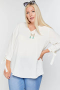 Plus Size Solid V-neck 3/4 Sleeve Tie Accent Blouse Top - AM APPAREL