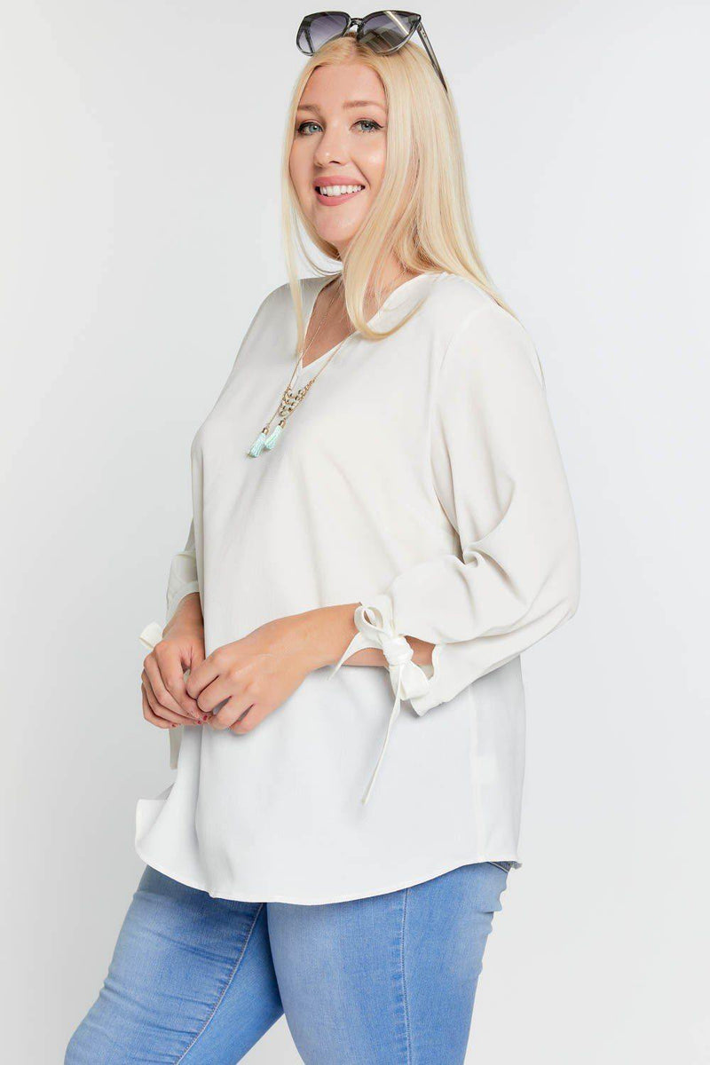 Plus Size Solid V-neck 3/4 Sleeve Tie Accent Blouse Top - AM APPAREL