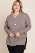 Plus Size Solid V Neck Two Tone Sweater - AM APPAREL