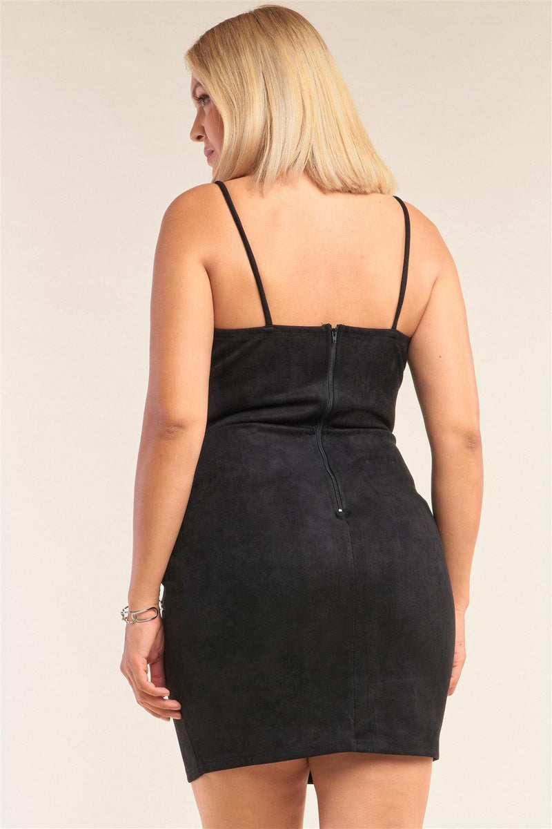 Plus Size Suede Sleeveless Fitted Square Neck Mini Dress - AM APPAREL