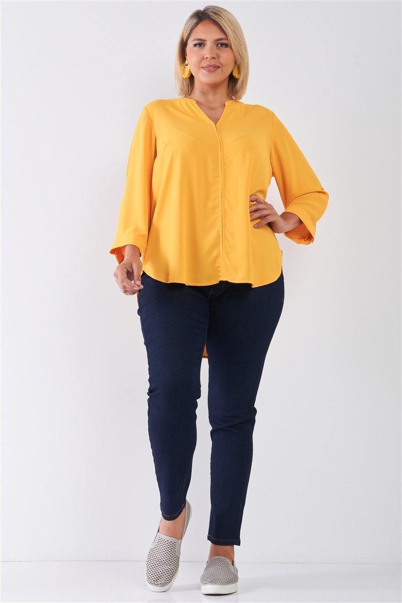 Plus Size Tuscan Sun Yellow V-neck Midi Sleeve Pleated Back Detail Relaxed Tunic Top - AM APPAREL