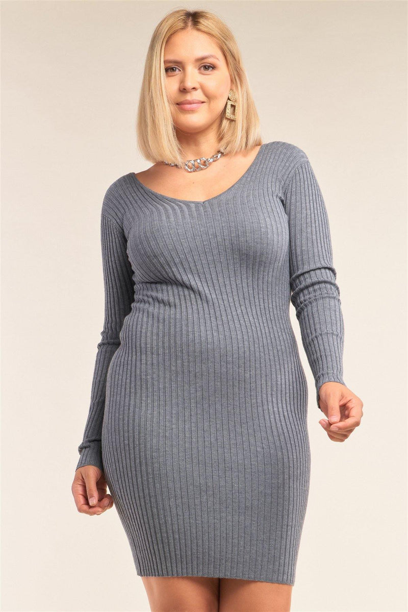 Plus Size V-neck Long Sleeve Ribbed Sweater Bodycon Mini Dress - AM APPAREL
