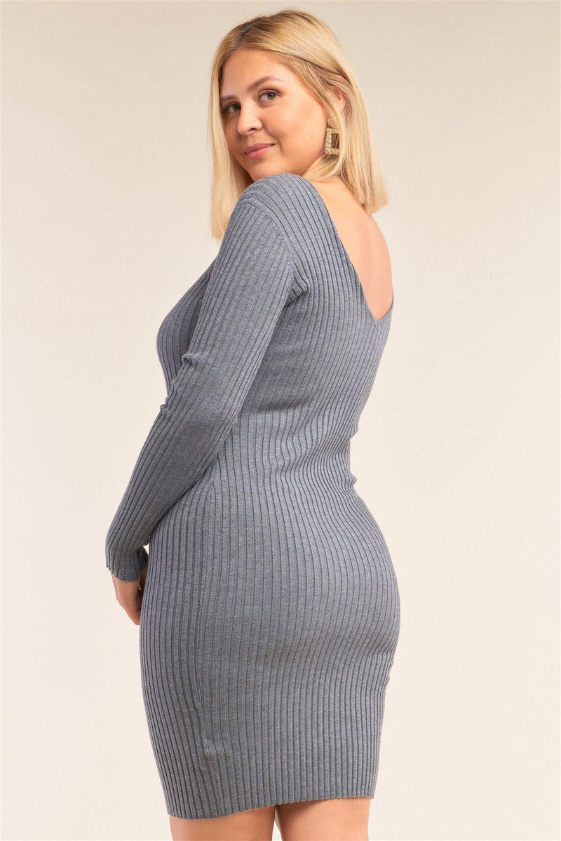 Plus Size V-neck Long Sleeve Ribbed Sweater Bodycon Mini Dress - AM APPAREL