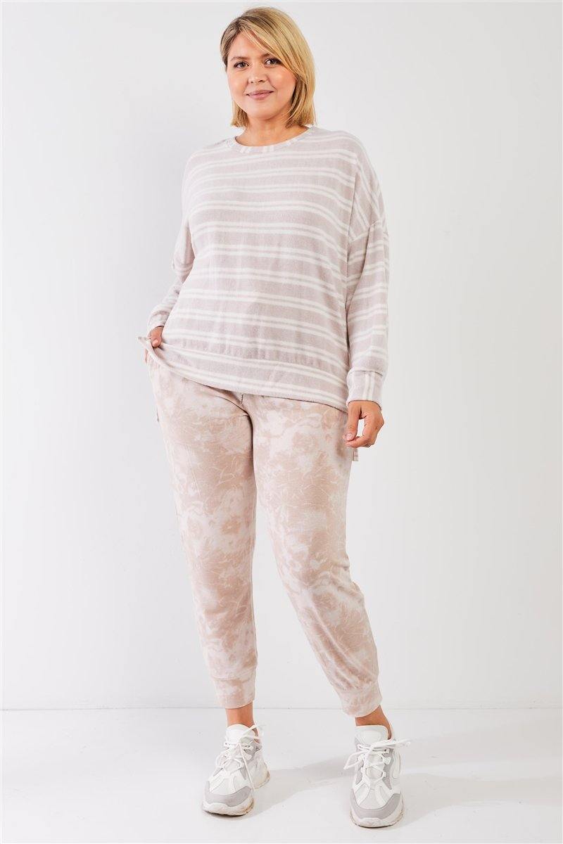 Plus Taupe & Ivory Striped Fleece Round Neck Relaxed Top - AM APPAREL