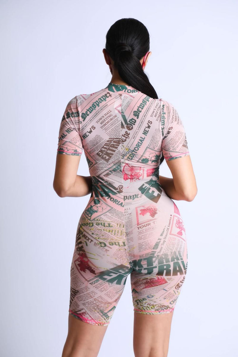 Printed Mesh Romper With Stitching Detail With Mask - AM APPAREL