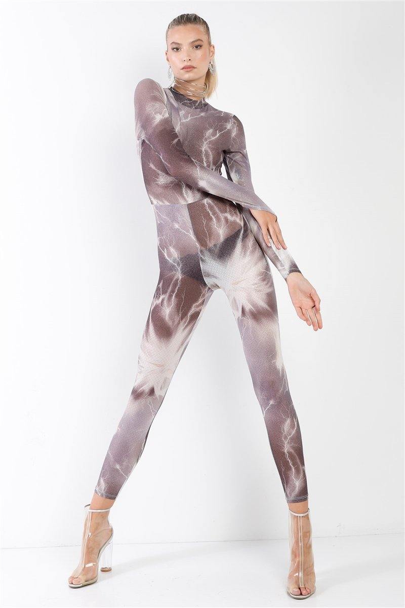 Purple-grey Lightning Print Loop Fitted Catsuit /jumpsuit - AM APPAREL