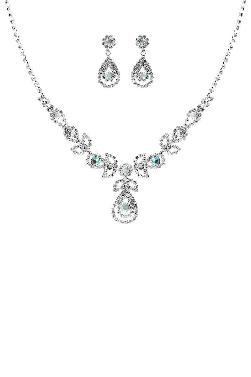 Raindrop Rhinestone Double Necklace And Earring Set - AM APPAREL