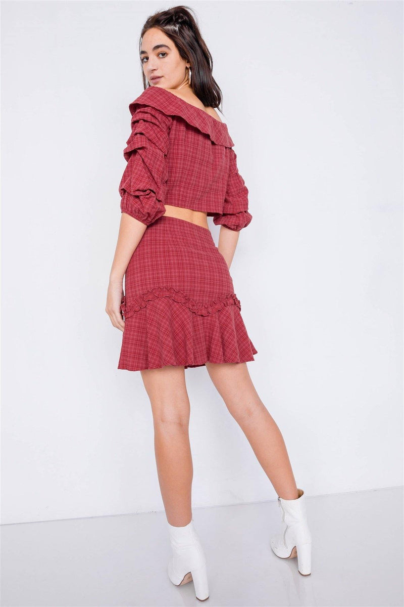 Raspberry Plaid Off-the Shoulder Retro Chic Crop Top & Mini Ruffle Skirt Set - AM APPAREL