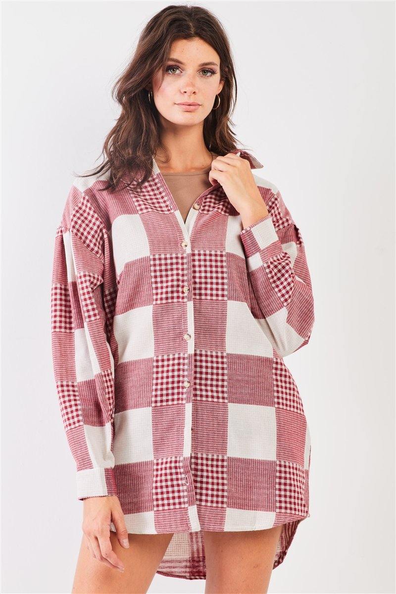 Red & Natural 90s Multi Plaid Oversized Button Down Mini Shirt Dress - AM APPAREL