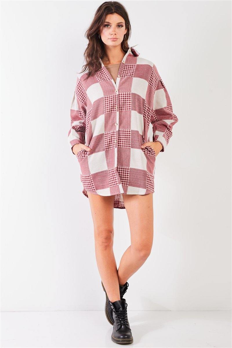 Red & Natural 90s Multi Plaid Oversized Button Down Mini Shirt Dress - AM APPAREL