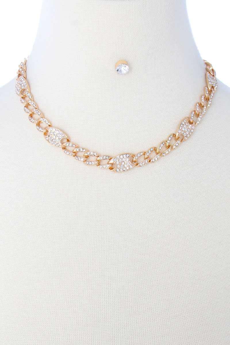 Rhinestone Pave Chain Necklace Earring Set - AM APPAREL