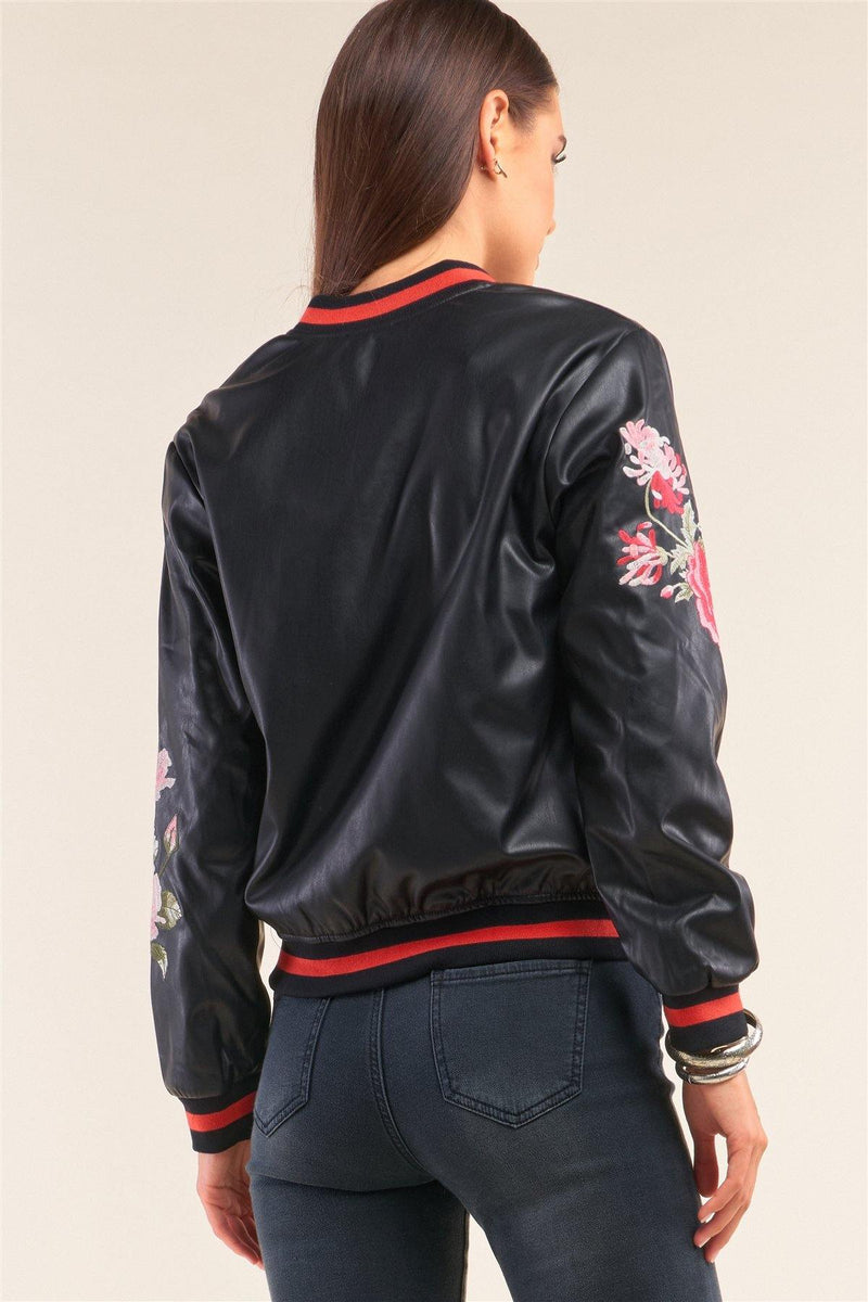 Rosa Black Vegan Leather Floral Embroidery Striped Hem Bomber Jacket - AM APPAREL