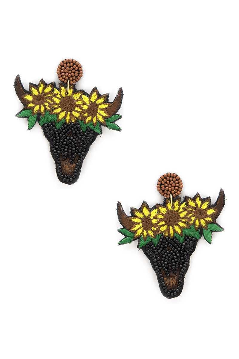 Seed Bead Carved Cow Skull Sunflower Dangle Earring - AM APPAREL
