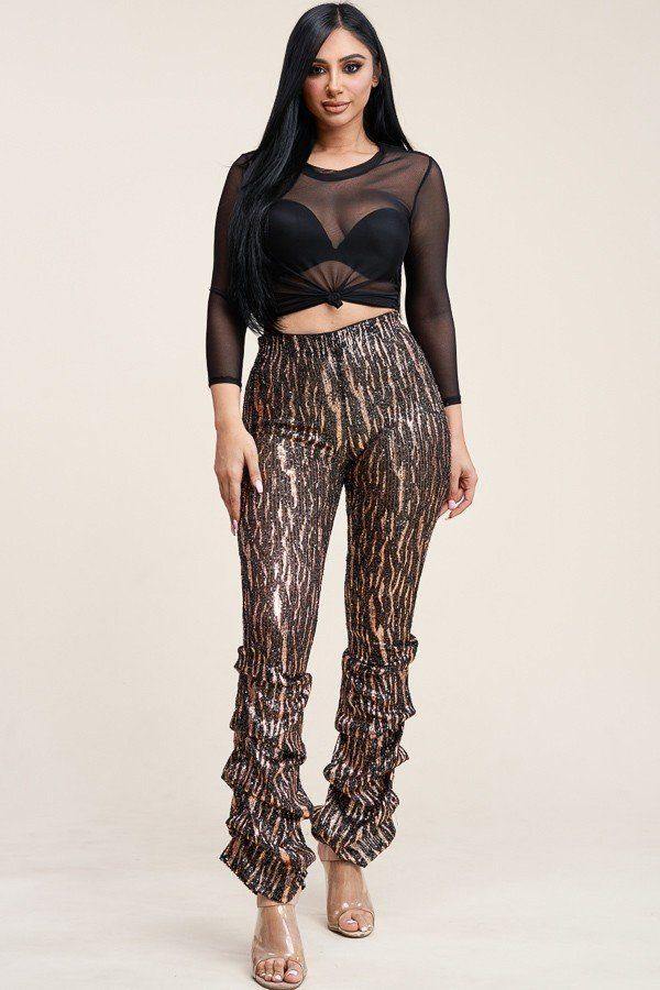 Sequin High Rise Stacked Pant And 3/4 Sleeve Power Mesh Top Two Piece Set - AM APPAREL