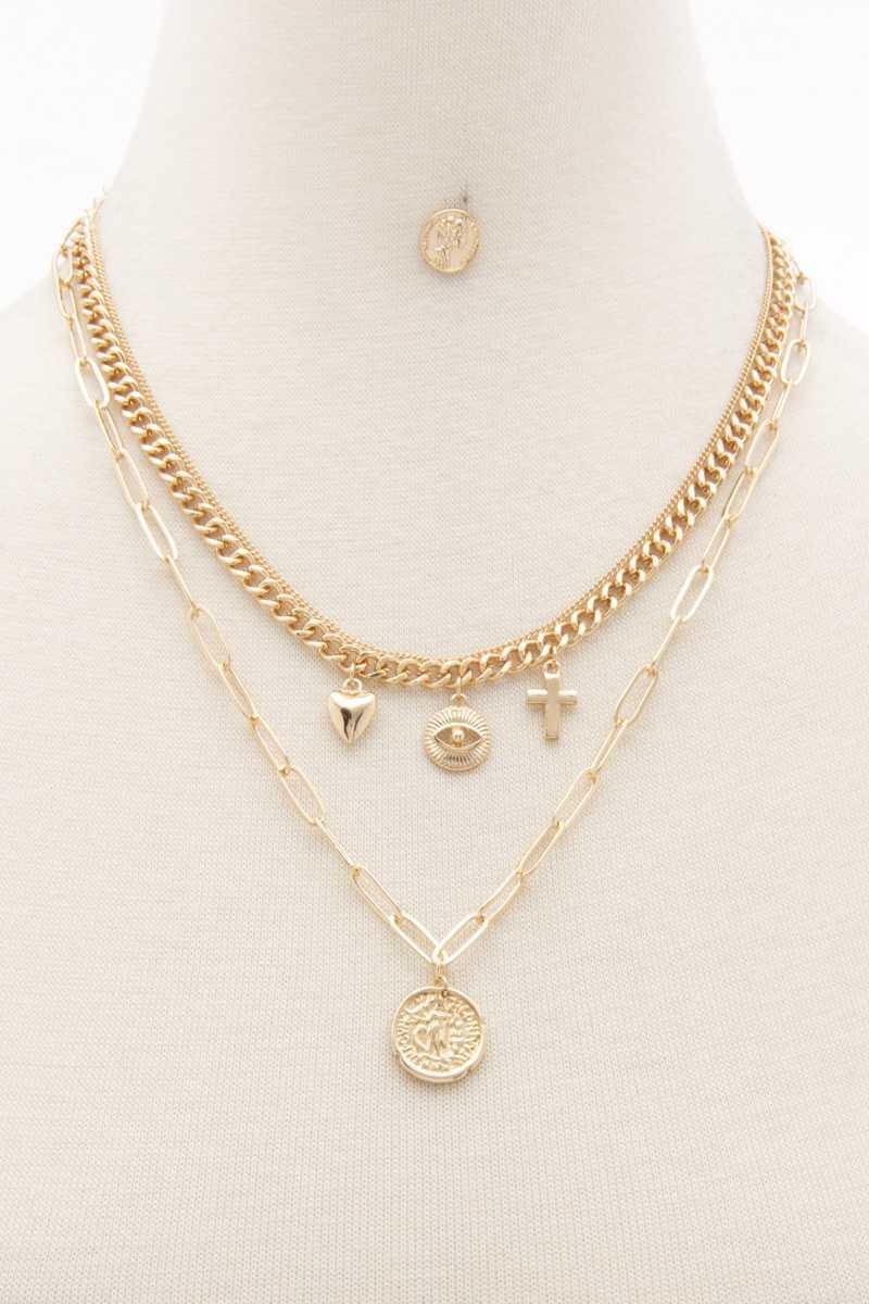 Sodajo Coin Charm Oval Link Layered Necklace - AM APPAREL