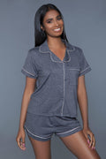 Soft Jersey Pajama Set With Buttoned Short Sleeves Top And Stretch Waist Bottoms - AM APPAREL