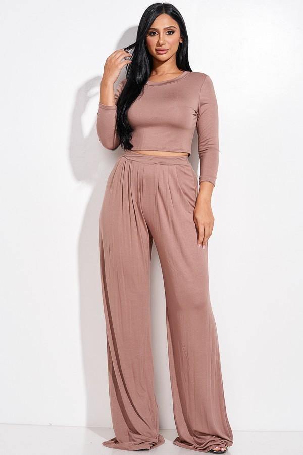 Solid 3/4 Sleeve Top And Wide Leg Pleated Pants Two Piece Set - AM APPAREL