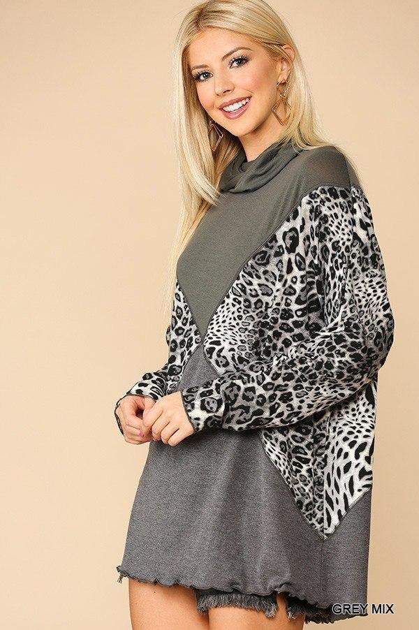 Solid And Animal Print Mixed Knit Turtleneck Top - AM APPAREL