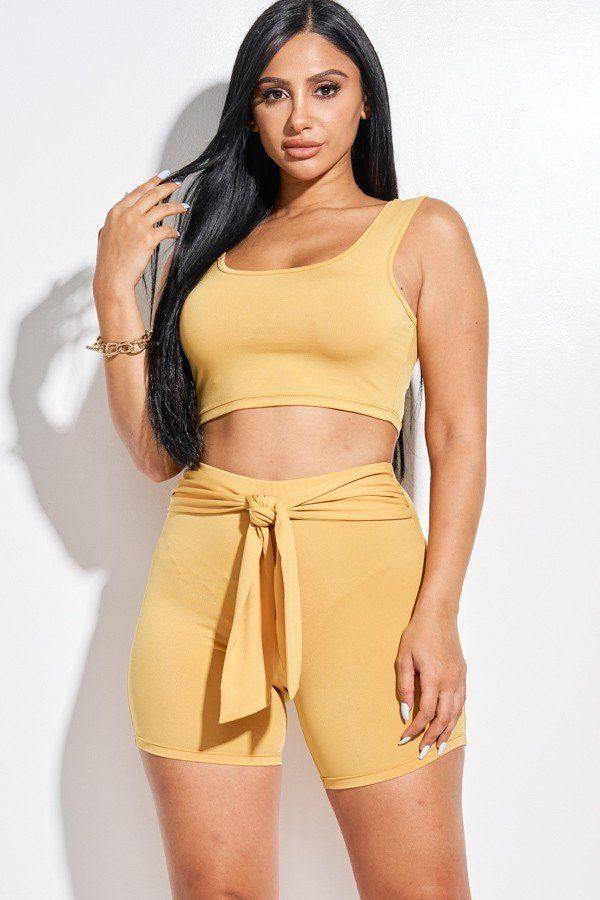 Solid Double Layered Tank Top And Tie Front Shorts 2 Piece Set - AM APPAREL