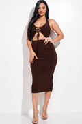 Solid Halter Neck Midi Dress With Criss Cross Front And Cutout - AM APPAREL