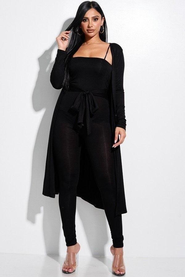 Solid Spaghetti Strap Jumpsuit With Waist Tie And Duster  Set - AM APPAREL