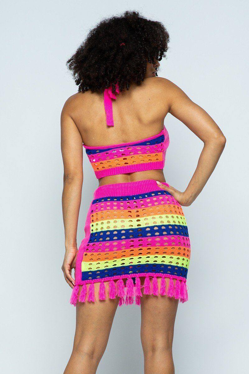 Striped Multi Color Laser Cut Cropped Top/Skirt 2 Piece Set - AM APPAREL