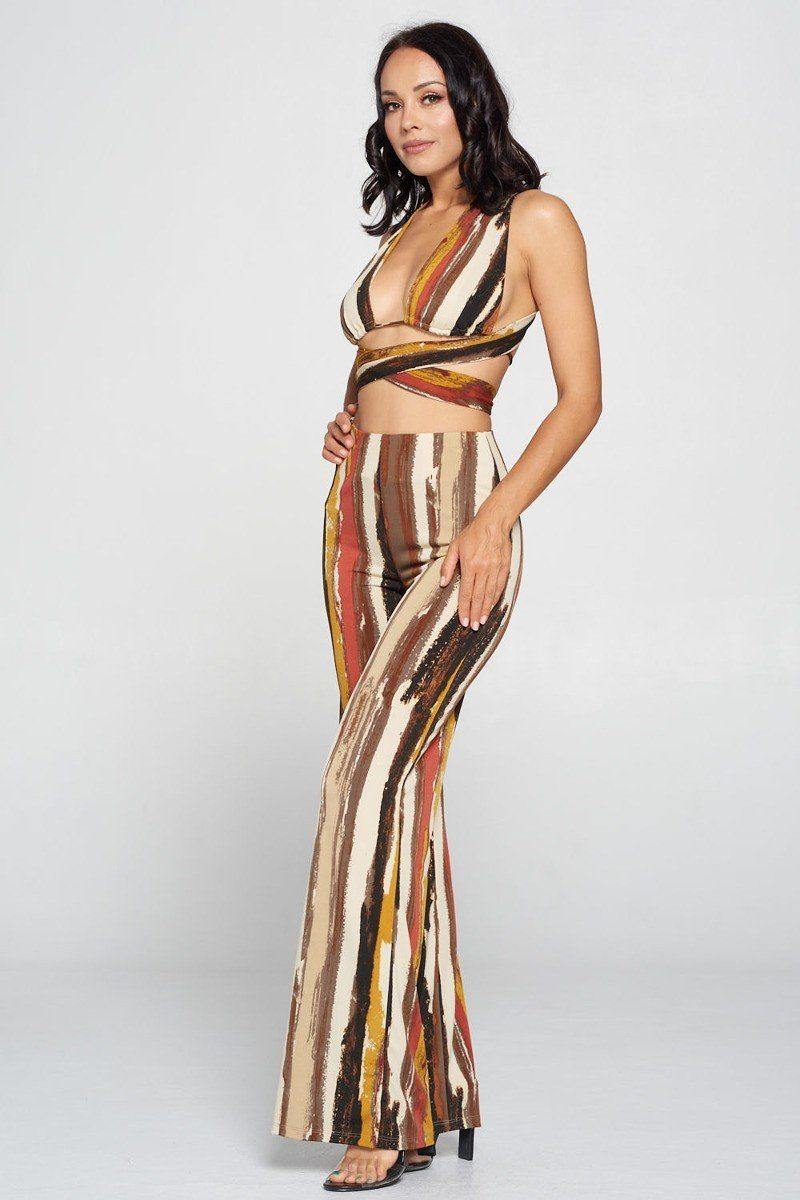 Stripped Cropped Top And Wide Leg Pants Set - AM APPAREL