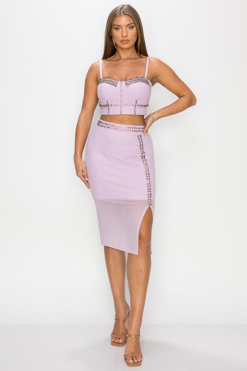 Studded Stone Cami Top & Slit Mini Skirts Set - AM APPAREL