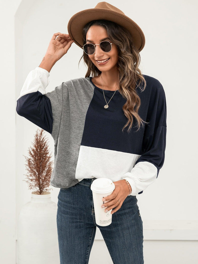 Three-Tone Color Block Dropped Shoulder Long Sleeve Tee - AM APPAREL