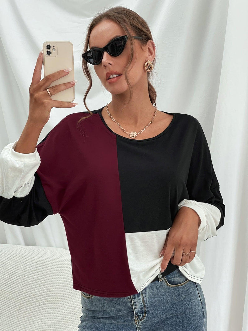 Three-Tone Color Block Dropped Shoulder Long Sleeve Tee - AM APPAREL