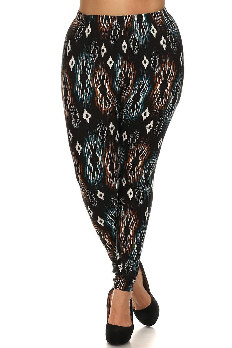 Tribal Print, Lined Leggings With Elastic Waist - AM APPAREL
