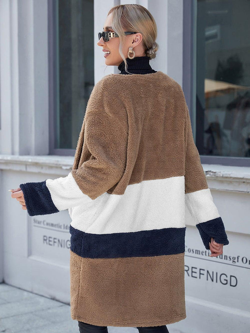 Tricolor Open Front Fuzzy Longline Cardigan - AM APPAREL