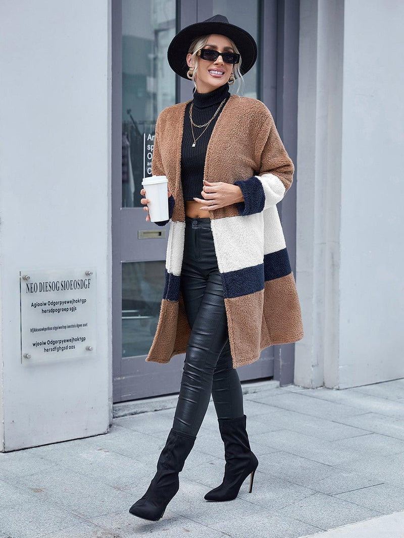 Tricolor Open Front Fuzzy Longline Cardigan - AM APPAREL