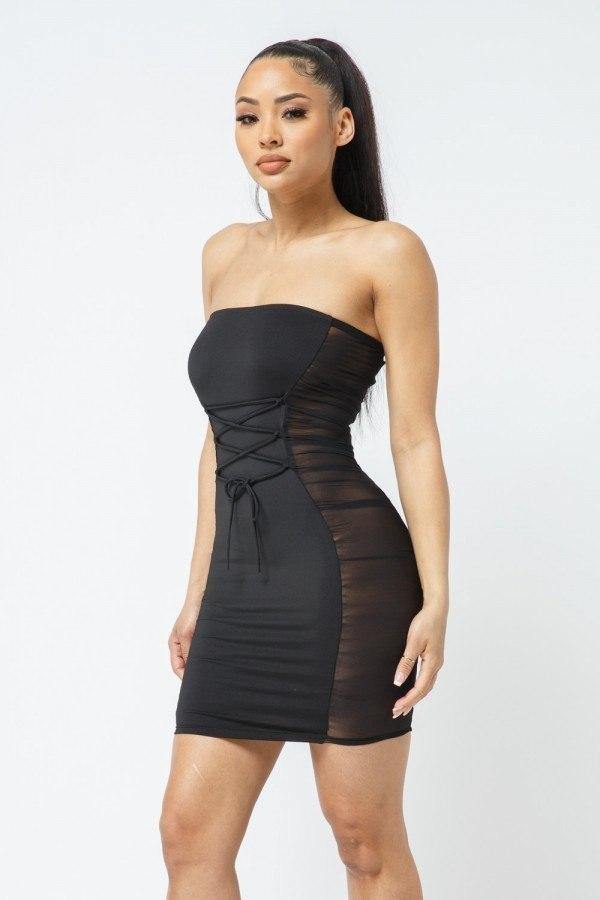 Tube Top Dress Side Mesh With Lacing - AM APPAREL