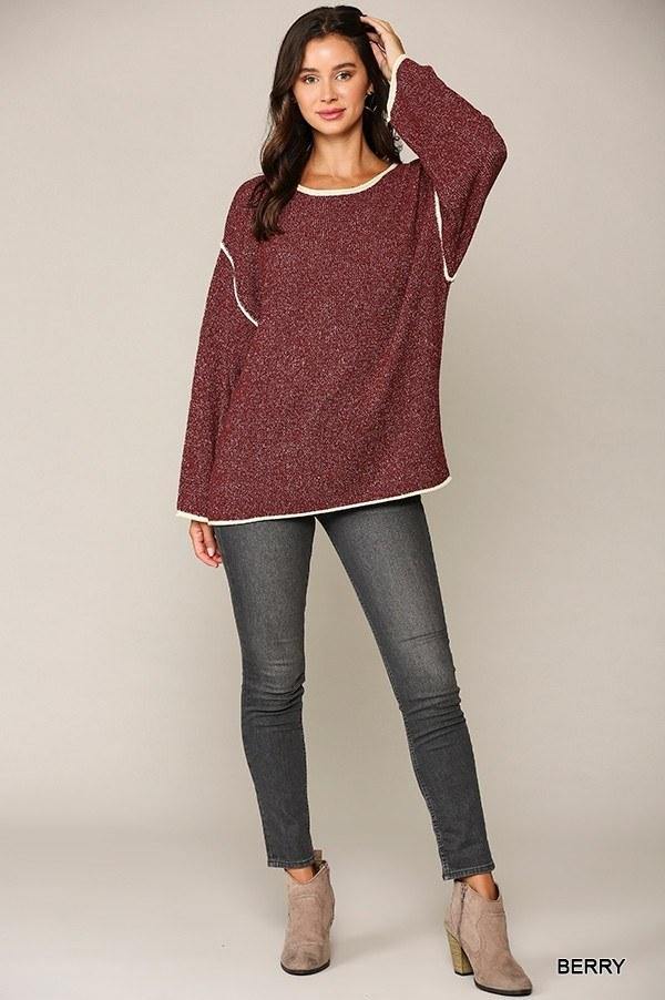 Two-tone Sold Round Neck Sweater Top With Piping Detail - AM APPAREL