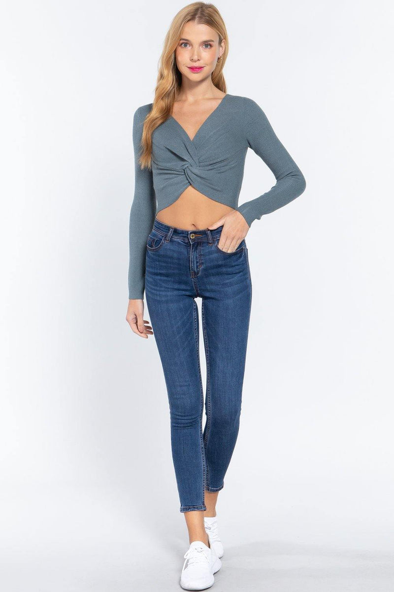 V-neck Front Knotted Crop Top - AM APPAREL