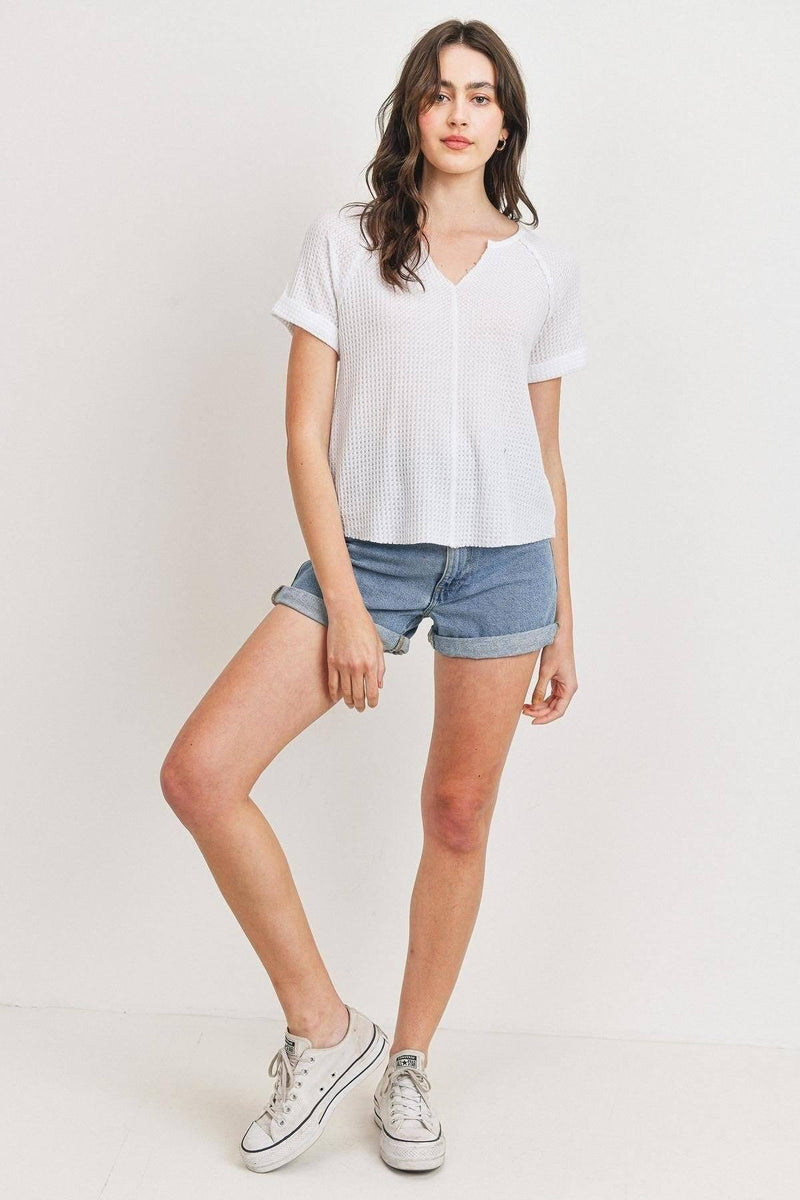 Waffle Raw Edge V-neck Rolled Up Short Sleeves Top - AM APPAREL