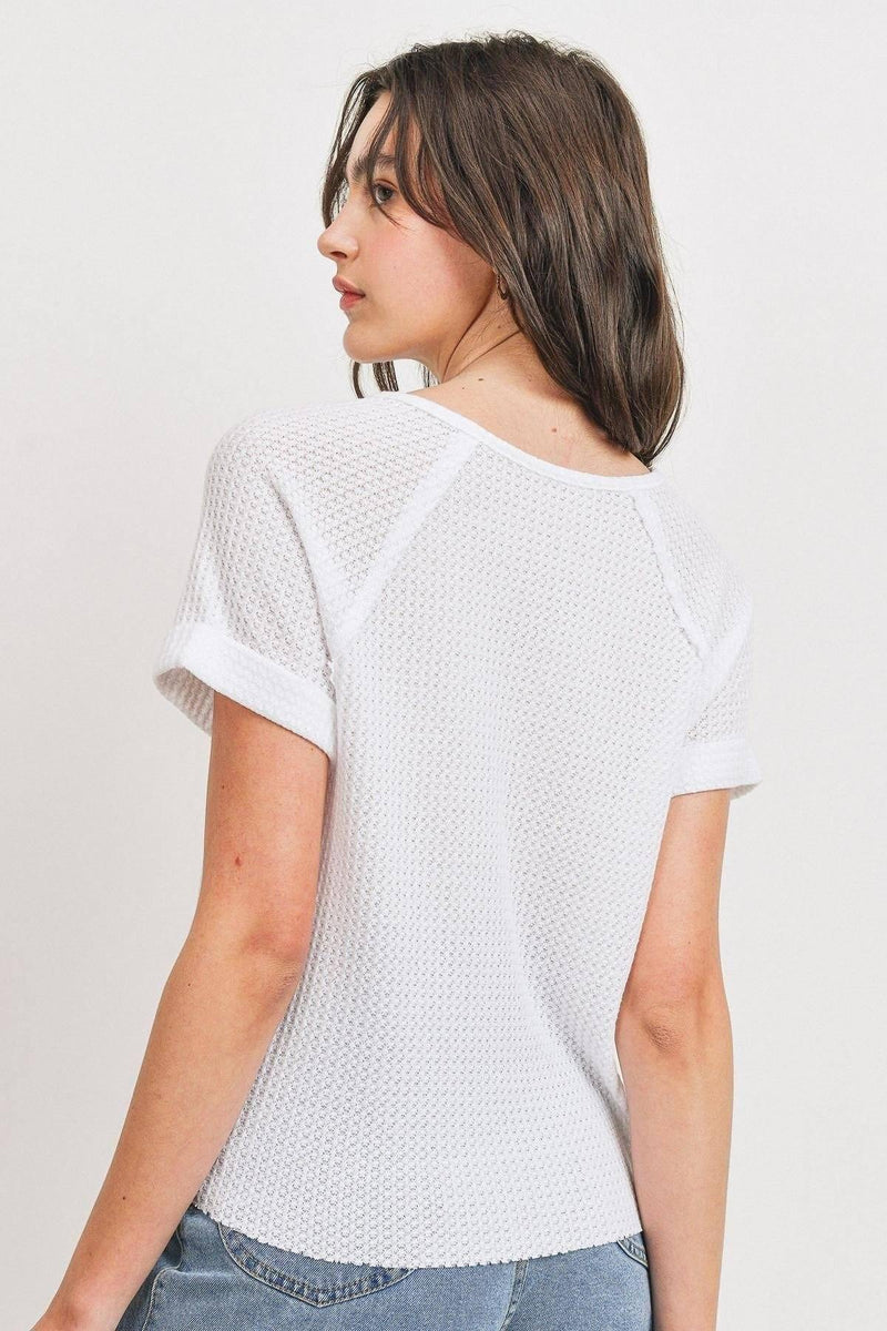 Waffle Raw Edge V-neck Rolled Up Short Sleeves Top - AM APPAREL
