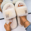 Women's Fluffy Faux Fur Slipers W/ Rhinestone Letter M - AM APPAREL