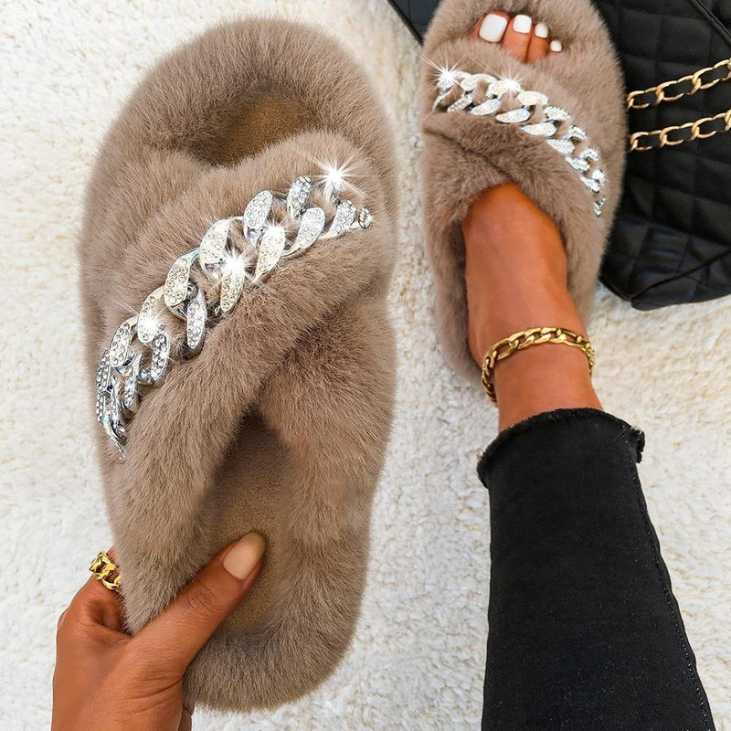 Women's Furry Cross Chain Slippers - AM APPAREL