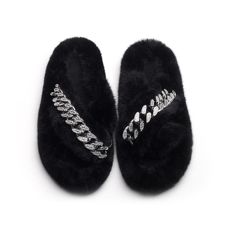 Women's Furry Cross Chain Slippers - AM APPAREL